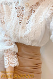 Sweet Hollow Out Lace Patchwork Women Blouse Button White Top Petal Sleeve Flower Stand Collar cotton Shirt Blusas