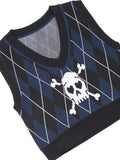 Dark Skull Printed Gothic Women Sweater Vests Grunge Punk Aesthetic Argyle Knitted Winter Cropped Tops Emo Fall Alt
