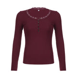 Trend Red Lace Side Buckle Spliced T-Shirt 2023 New V-Collar Basic Simple Slimming Leisure Bottom Shirt-Outfit