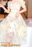 Chiffon Elegant Kawaii Dress Women Floral Print Sweet Princess Casual Midi Dress Female Puff Sleeve Party Holiday
