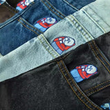 Year's Popular Style Y2K Street Boy Jeans Hip-Hop Cartoon Embroidered Blue Jeans-Outfit