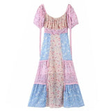Short Puff Sleeve Contrast Color Flower Dress Women Romantic Square neck Ruched front Hem Patchwork Long Dresses