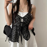 V-Neck Lace-Up Floral Mesh Bow Knot Blouse-Outfit