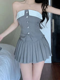 Style Jk Uniform Summer Suit Women's Suit Jacket Sexy Breast Vest High Waist Pleated Skirt Three-Piece Set-Outfit