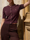 Fongt Simple Elegant Double Pocket Metal Buckle Knitted Top Temperament Round-Neck Cardigan