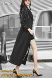 Fashion Glossy Trench Coat Women Spring Autumn Casual Purple Black Windbreaker Double-Breasted Solid X-Long Outerwear