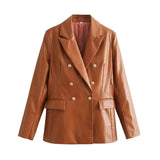 Fongt Women's Clothing 2025 Autumn New 2 Color PU Imitation Leather Double Row Buckle Long-Sleeved Blazer Women A19842