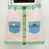STREET Newest 2022 Fashion Designer Tops Women's Casual Color Block Gold Buttons Pockets Patchwork Crop Denim