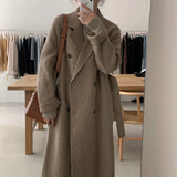 Fongt Chic Autumn And Winter Simple Temperament Collar Double Buckle Strap Loose Long-Term Warm Coat Coat