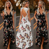 Cover Up BOHO Holiday Beach Dress Ladies Party Maxi Sleeveless Backless Vintage Split Black White Floral Printed