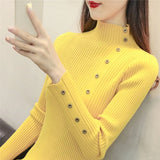 Elegant Turtleneck Women Knitted Pullover Sweater Fashion Autumn Long Sleeve Jumper Button Korean Pink Winter