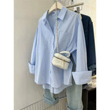 Fongt Blue Shirt Coat Women Spring And Autumn Loose Design Small Casual Folding Long-Sleeved