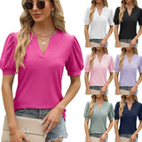 2024 New V-Neck Bubble Sleeve Pleated Short Sleeve Loose T-Shirt Top-Outfit