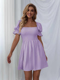 Women Summer Solid Color A-Line Dress Shrinkage Design Ruffles Decor Square Collar Butterfly Sleeve High Waist Slim Mini
