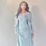 Blue Satin Corset Chiffon Off-shoulder Maxi Dress-Outfit
