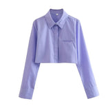 Trend Women's Lapel Long Sleeves Chest Pocket Short Shirt Single-Breasted Solid Color Blouse-Outfit