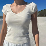 Sense Lace Asymmetrical Solid Color T-Shirt Basic Simple Casual U-Collar Slim Blouse 2024 Summer Fashion-Outfit