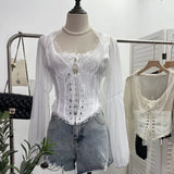 French Court Wind Strapped With Waist Fish Bone Shirt Lace Shirt Back Waist To Take Short Top