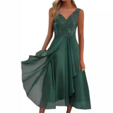 Fongt Chiffon Stitching Lace Hollow Out Long Dress Bridesmaid Evening Dress