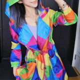 Contrasting Colors Geometric Spliced Jackets Women's Clothing Drawstring Shirring Spring Summer Casual Hooded Midi Coats-Outfit