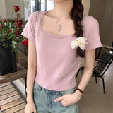 Version Of Knitted Short-Sleeved T-Shirt Women's New Summer Slim Thin Solid Color Full-Length Short-Style Blouse