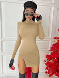 Fongt And Sexy Slit Dress Autumn 2024 New Long-Sleeved High Collar Temperament Skirt-Outfit