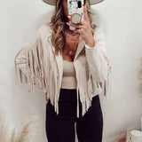 Fashion Tassel Cardigan Women Y2k Fringed Hem Crop Tops Motor Biker Jacket Suede Leather Jacket Vintage Coat