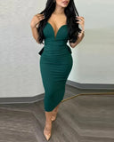 Party Casual Women's Dress Solid Color Hip Wrap Open Back Deep V Bow Elastic Split Ruffle Edge Sling Dress-Outfit