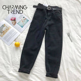 Jeans Pant Black Korean Crop Jeans Girls Students Vintage Solid Long Pants Fit Female High Waist Denim Pants