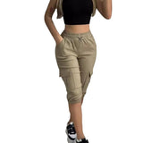 Fongt Women's Wear Tight Waist Slim Show Slim Casual Multi-Pocket Solid Color Cropped