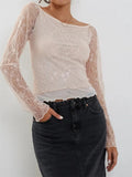 Sexy Women Lace Long Sleeve Crop Tees Tops Off-Shoulder Casual Pullover for Club Streetwear Aesthetic Grunge T-shirts-Outfit
