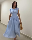 Fongt New Sweet Pure Want To Collect Waist Thin A Word French Girl Folds Splicing Short Sleeve Long Dress Woman