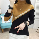 High Collar All-match Slim Thick Tops Female Autumn Winter Spliced Printed Long Sleeve Pullovers T-shirt Women's Clothing-Outfit