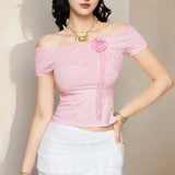 Fongt Style Sexy Lace Stitching Flower Short-Sleeve T-Shirt One-Line Shoulder Solid Color Slim Base Top-Outfit