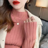 Fongt Winter Half-High Sweater Women Long Sleeve Pure Color Spring And Autumn Pit Stripe Loose Knitted Bottom