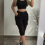 Fongt Women's Wear Tight Waist Slim Show Slim Casual Multi-Pocket Solid Color Cropped