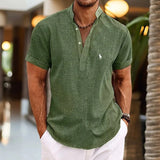 Fongt New Men's Plus Size Solid Color Henry Collar Short Sleeve Shirt Cover Shape Simple Shirt-Outfit