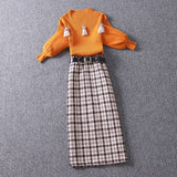 Women Autumn Winter Two Pieces Sets Office Ladies Clothing Set Turtleneck Knitted Sweaters And Tweed Plaid long Skirts