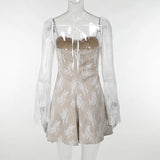 White Square Neck Lace Mesh Long Sleeve Mini Dress-Outfit