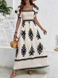 Fongt Temperament Elegant Wind 2025 Spring New Fashion Print Shoulder Bubble Sleeve Folded Dress