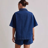 Fongt Summer Women's Casual Retro Loose Shirt Denim Shorts Set Denim