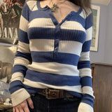 Women's 2023 New Striped V-Neck Long Sleeves Sexy Slim Bottom Sweater-Outfit