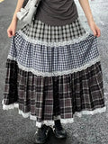Patchwork Lace Plaid Maxi Skirt-Outfit