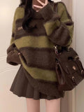Vintage Round Neck Striped Sweater-Outfit