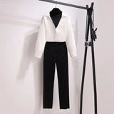 Autumn office ladies long sleeve two pieces set for women fake two-piece patchwork shirt and high waist black pants