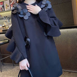 Autumn Beading Ruffles Spliced Sweatshirts Female Clothing Chic Floral Three-dimensional Decoration O-Neck Midi Pullovers-Outfit