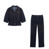 Fongt Women's Explosion Stimress Jeans Sleeve Shirt + Horned Jeans Set