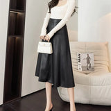 2022 Autumn Winter Women's Skirts Pu Leather Half-length Skirthigh-waist Mid-length A-line Skirt Elegant Splicing Women