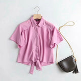 Women High Quality Bow Crop Shirt Summer Blouse Short Sleeve Chic Female Tops