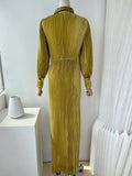 Vintage Yellow Dress For Women Lapel Long Sleeve High Waist Ruched Solid Midi Dresses Female Spring Clothing
